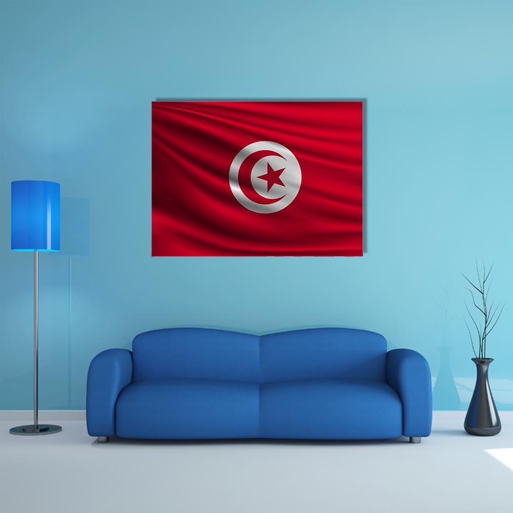 Draped Tunisia Flag with Subtle Folds Canvas Wall Art in white and red, single panel hung on a wall