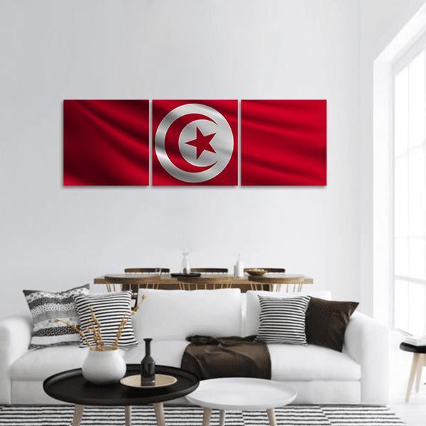 Tunisian Flag with Crescent and Star Panoramic Canvas Wall Art in white and red, hung on a wall