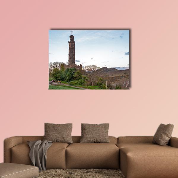 Nelson Monument on Rocky Hill Canvas Wall Art in brown, green and blue, single panel hung on a wall