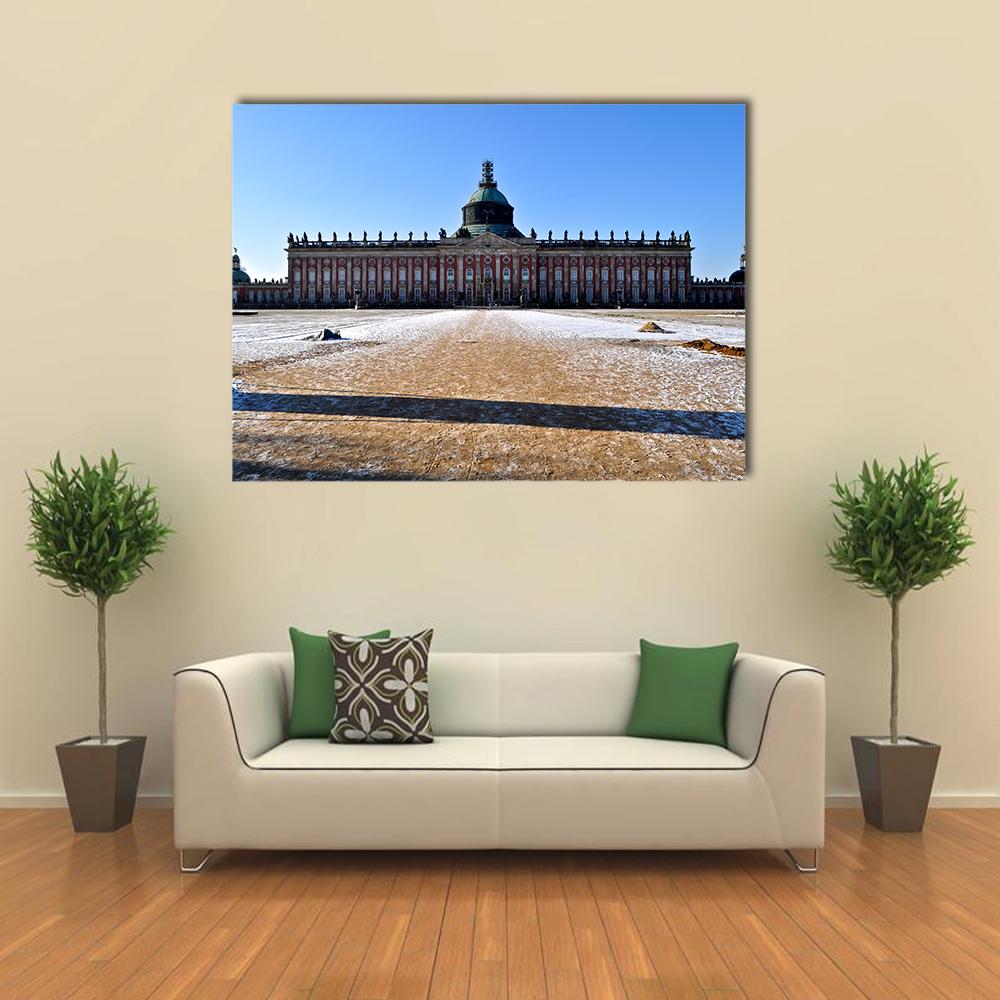 Neues Palais in Snow, Germany Canvas Wall Art in white, brown and blue, single panel hung on a wall