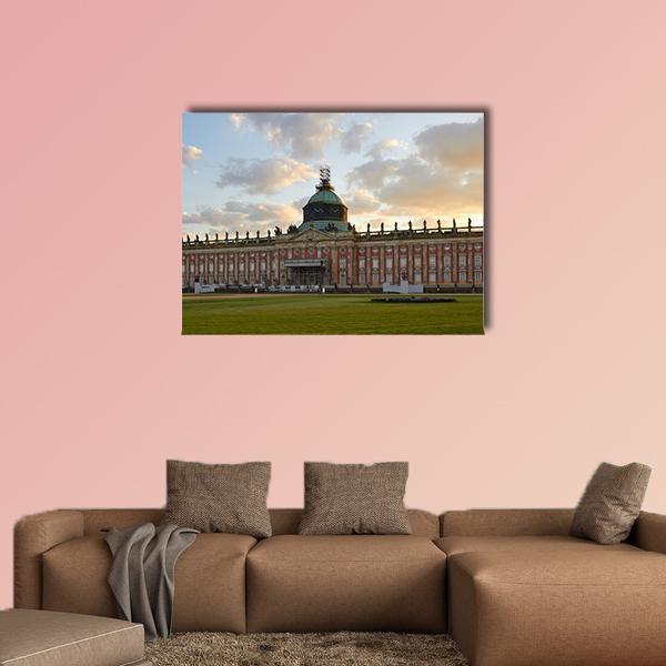 Neues Palais at Sunset Canvas Wall Art in orange, green and blue, single panel hung on a wall