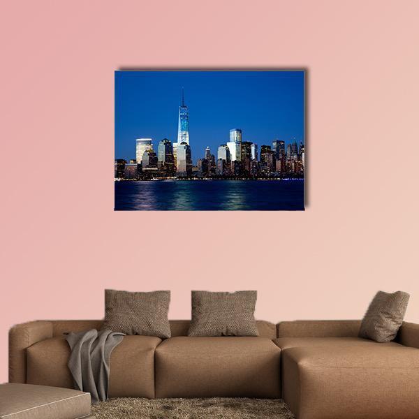 Lower Manhattan Skyline At Night Canvas Wall Art-1 Piece-Gallery Wrap-48" x 32"-Tiaracle