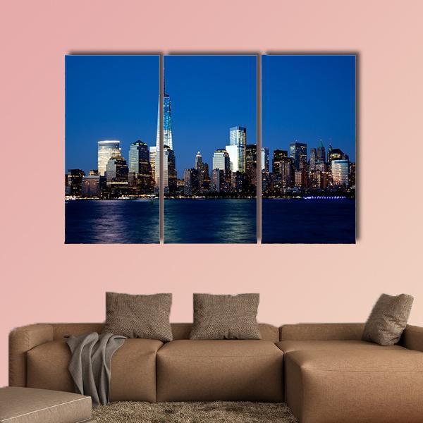 Lower Manhattan Skyline At Night Canvas Wall Art-3 Horizontal-Gallery Wrap-37" x 24"-Tiaracle