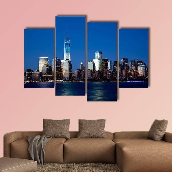 Lower Manhattan Skyline At Night Canvas Wall Art-4 Pop-Gallery Wrap-50" x 32"-Tiaracle