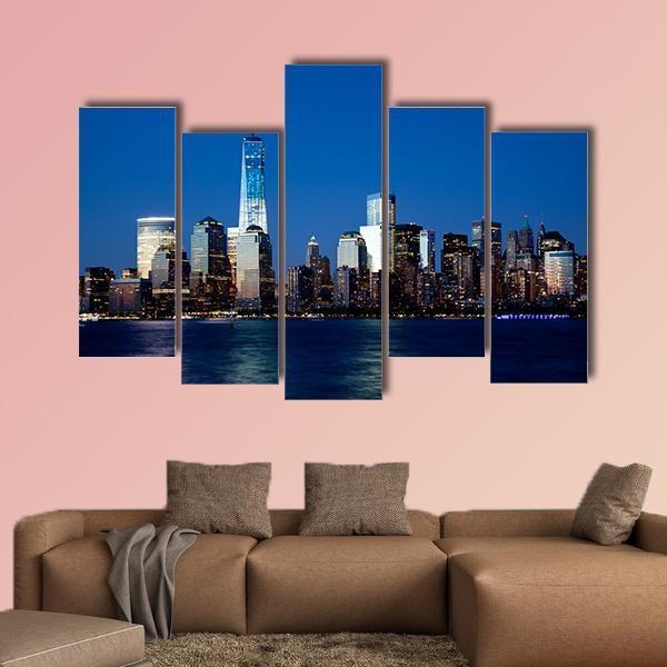 Lower Manhattan Skyline At Night Canvas Wall Art-5 Pop-Gallery Wrap-47" x 32"-Tiaracle
