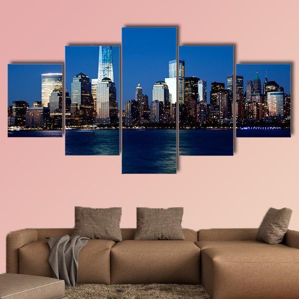 Lower Manhattan Skyline At Night Canvas Wall Art-5 Star-Gallery Wrap-62" x 32"-Tiaracle