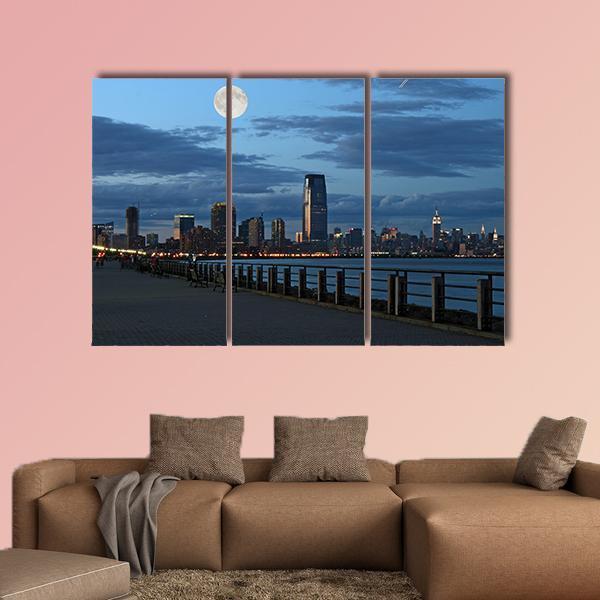NY Skyline From Liberty State Park Canvas Wall Art-3 Horizontal-Gallery Wrap-37" x 24"-Tiaracle