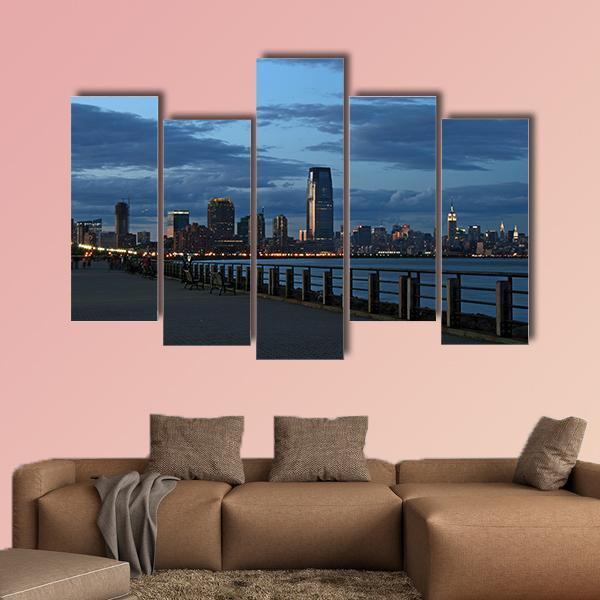 NY Skyline From Liberty State Park Canvas Wall Art-5 Pop-Gallery Wrap-47" x 32"-Tiaracle