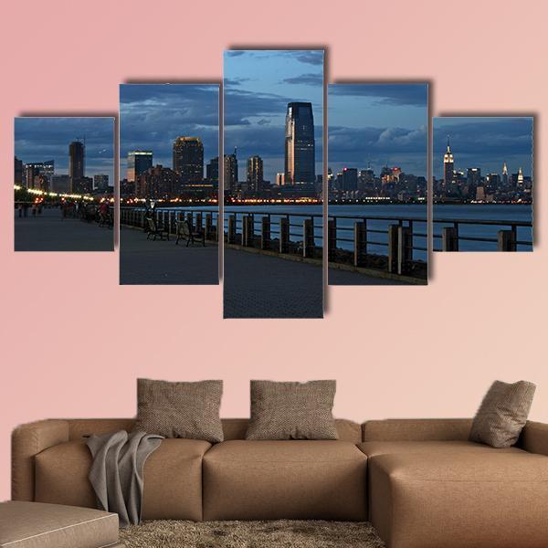 NY Skyline From Liberty State Park Canvas Wall Art-5 Pop-Gallery Wrap-47" x 32"-Tiaracle