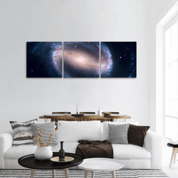 Ngc 1300 Spiral Galaxy Panoramic Canvas Wall Art in black and blue, hung on a wall