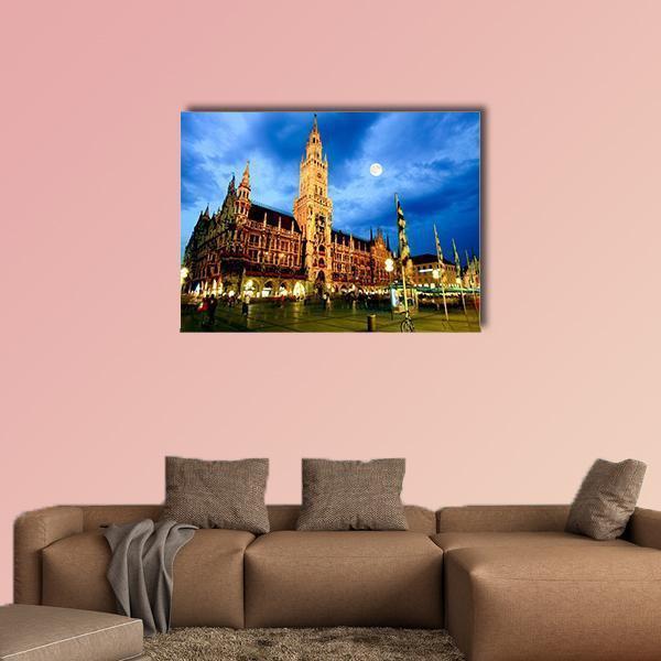 Neues Rathaus Clock Tower, Marienplatz Munich Canvas Wall Art in brown, yellow and blue, single panel hung on a wall