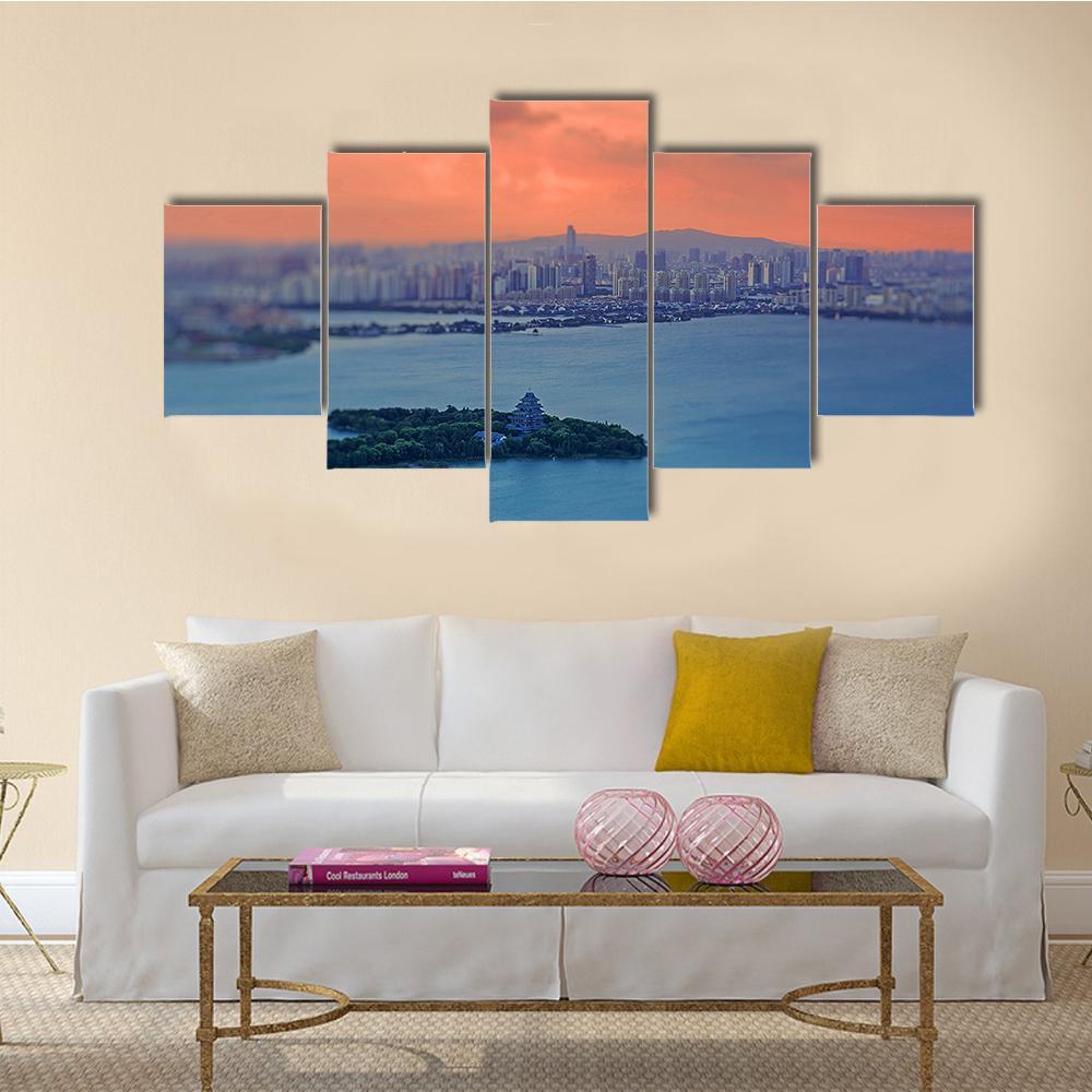 Night View Of Jinji Lake Canvas Wall Art-5 Star-Gallery Wrap-62" x 32"-Tiaracle
