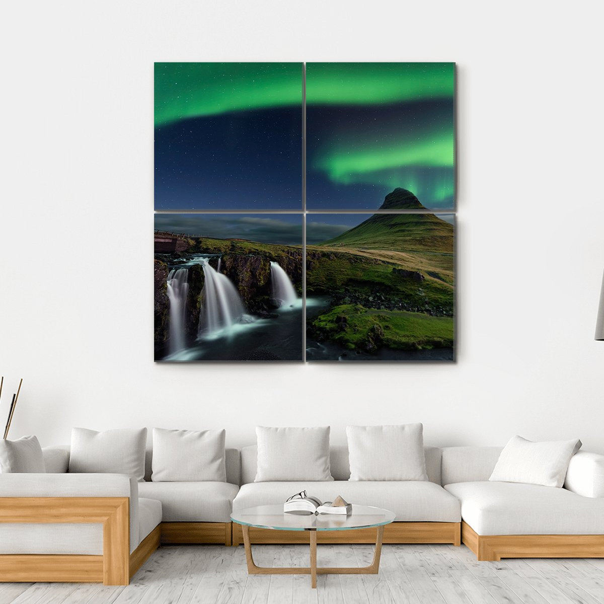 Northern Lights Over Mountain and Waterfalls Canvas Wall Art in black, green and blue, hung on a wall