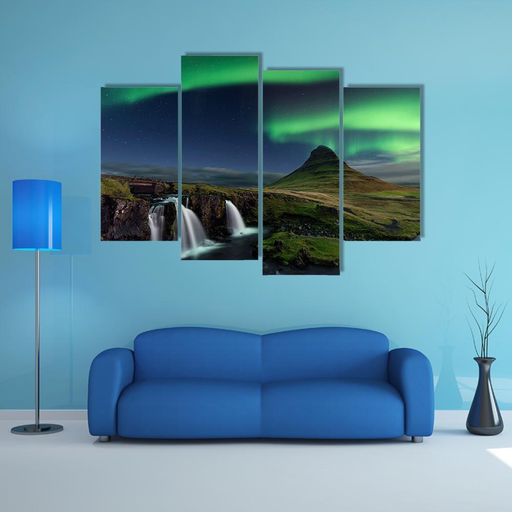 Northern Light At Mountain Canvas Wall Art-4 Pop-Gallery Wrap-50" x 32"-Tiaracle