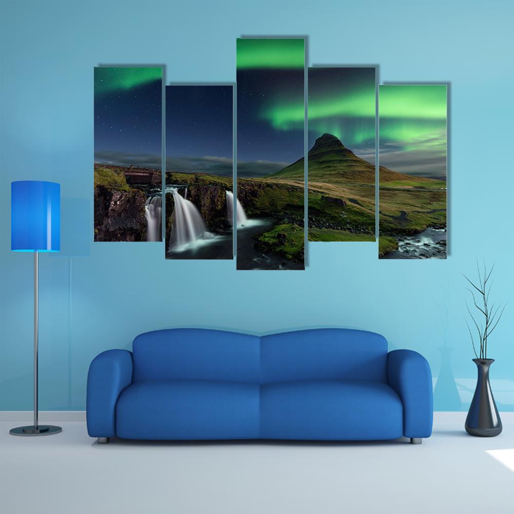 Northern Light At Mountain Canvas Wall Art-5 Pop-Gallery Wrap-47" x 32"-Tiaracle