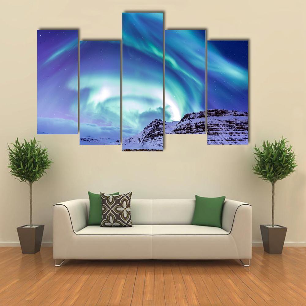 Aurora Borealis At Kirkjufell Canvas Wall Art-5 Pop-Gallery Wrap-47" x 32"-Tiaracle