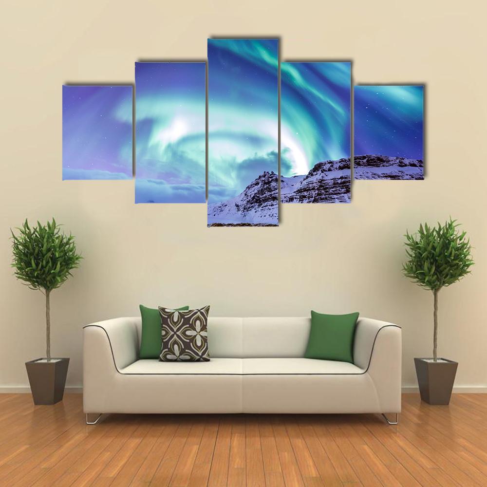 Aurora Borealis At Kirkjufell Canvas Wall Art-5 Star-Gallery Wrap-62" x 32"-Tiaracle