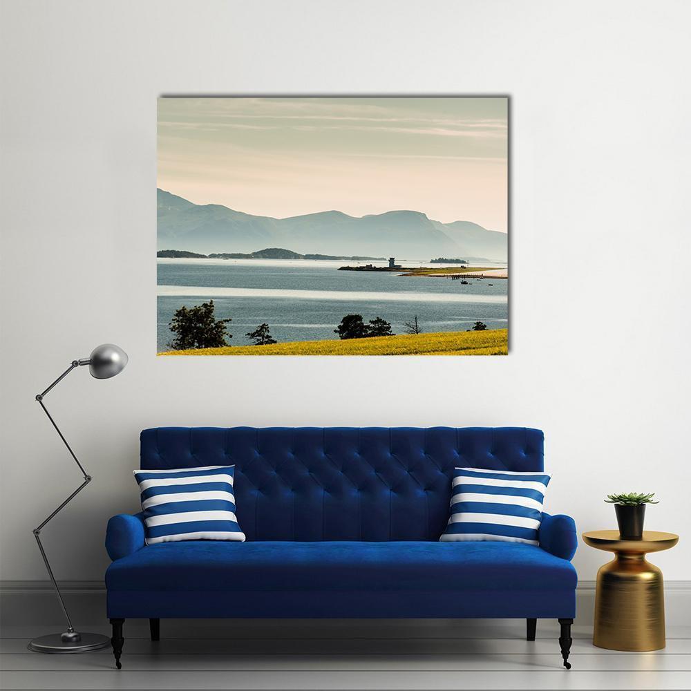 Norway Summer Lake with Lighthouse Canvas Wall Art in gray, yellow and blue, single panel hung on a wall