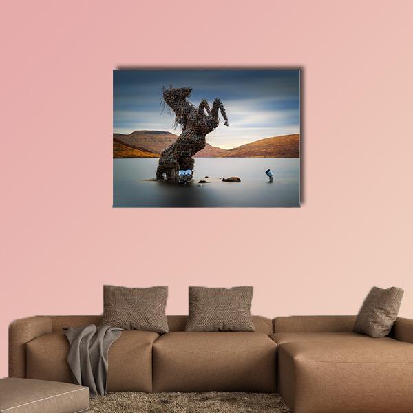 Nykur Horse Sculpture On Sorvagsvatn Lake Canvas Wall Art-1 Piece-Gallery Wrap-48" x 32"-Tiaracle