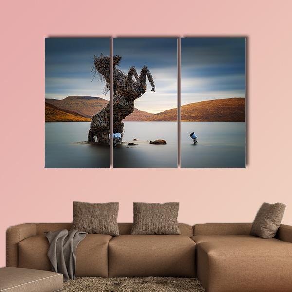 Nykur Horse Sculpture On Sorvagsvatn Lake Canvas Wall Art-3 Horizontal-Gallery Wrap-37" x 24"-Tiaracle