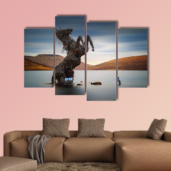 Nykur Horse Sculpture On Sorvagsvatn Lake Canvas Wall Art-4 Pop-Gallery Wrap-50" x 32"-Tiaracle