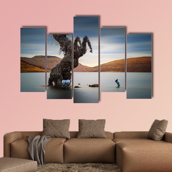 Nykur Horse Sculpture On Sorvagsvatn Lake Canvas Wall Art-5 Pop-Gallery Wrap-47" x 32"-Tiaracle