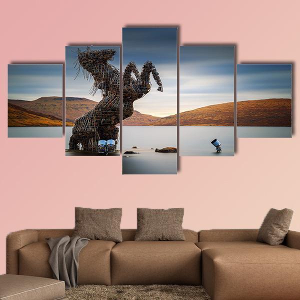 Nykur Horse Sculpture On Sorvagsvatn Lake Canvas Wall Art-5 Star-Gallery Wrap-62" x 32"-Tiaracle