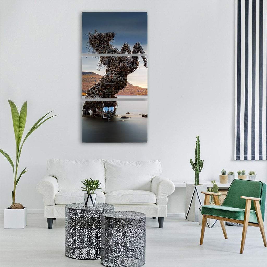 Nykur Horse Sculpture On Sorvagsvatn Lake Vertical Canvas Wall Art-3 Vertical-Gallery Wrap-12" x 25"-Tiaracle