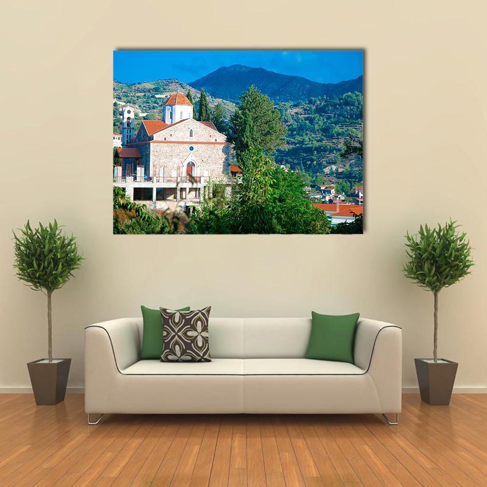 Old Church in Troodos Mountains Canvas Wall Art in beige, green and blue, single panel hung on a wall