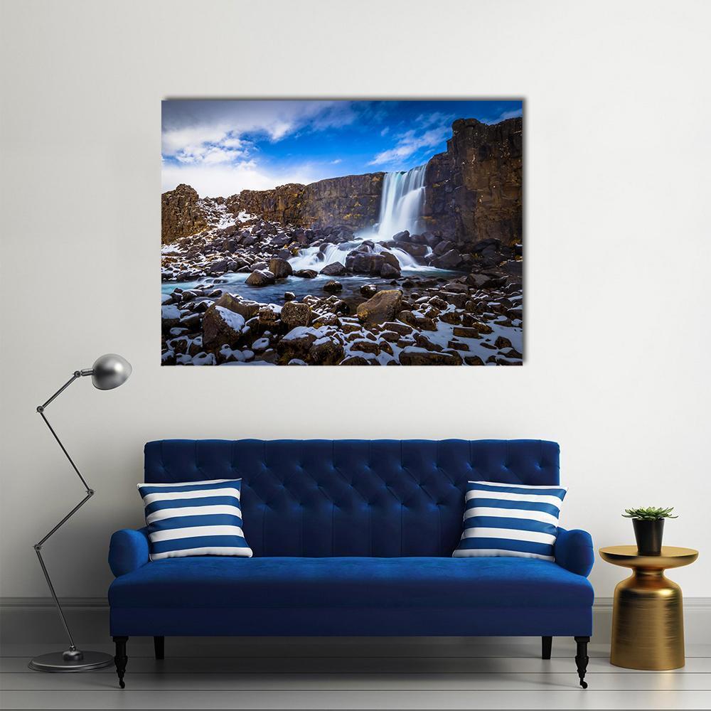 The Oxararfoss Waterfall Canvas Wall Art-4 Horizontal-Gallery Wrap-34" x 24"-Tiaracle