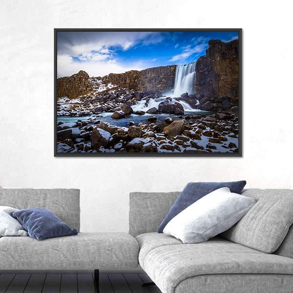 The Oxararfoss Waterfall Canvas Wall Art-1 Piece-Floating Frame-24" x 16"-Tiaracle