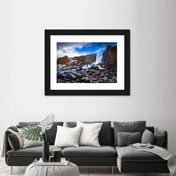 The Oxararfoss Waterfall Canvas Wall Art-1 Piece-Framed Print-20" x 16"-Tiaracle