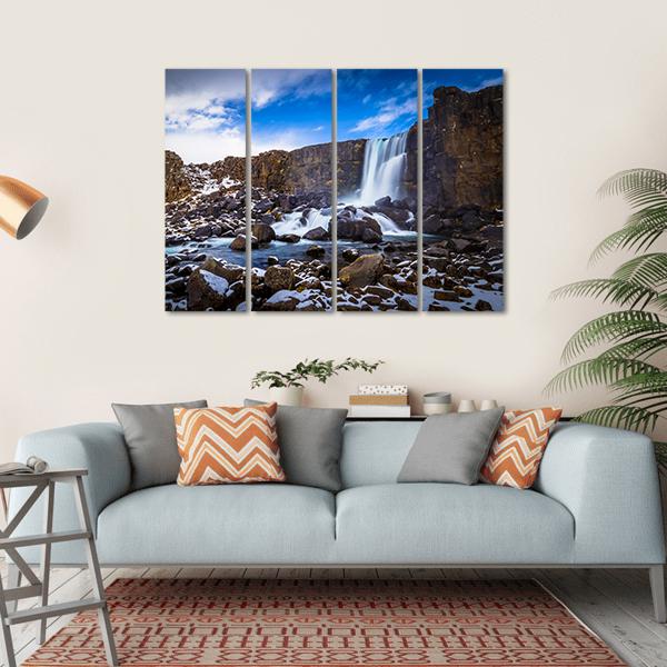 The Oxararfoss Waterfall Canvas Wall Art-4 Horizontal-Gallery Wrap-34" x 24"-Tiaracle
