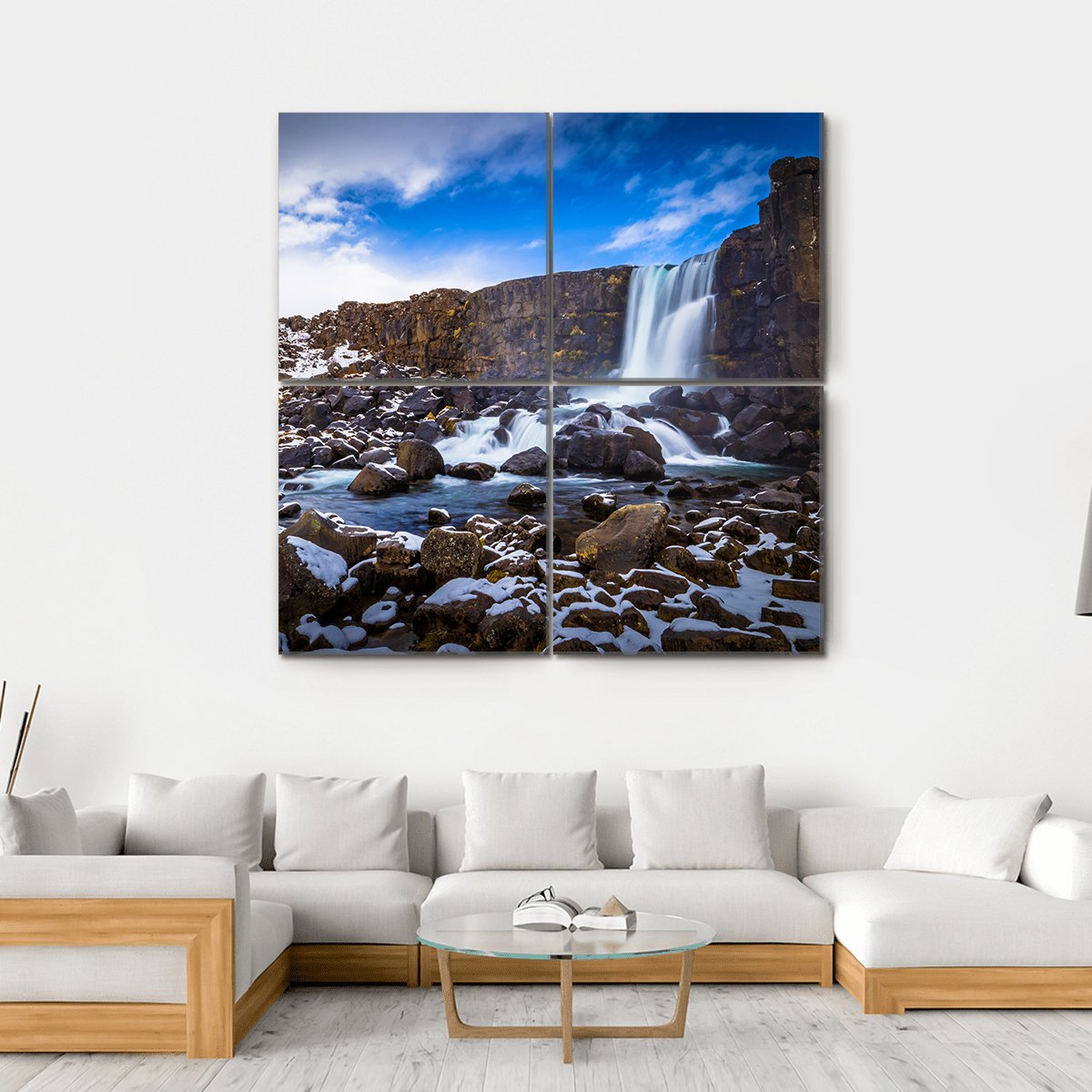 The Oxararfoss Waterfall Canvas Wall Art-4 Square-Gallery Wrap-17" x 17"-Tiaracle