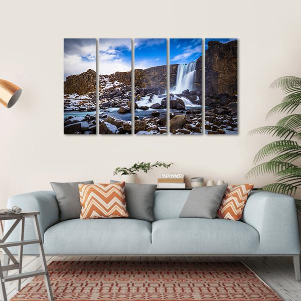 The Oxararfoss Waterfall Canvas Wall Art-5 Horizontal-Gallery Wrap-22" x 12"-Tiaracle