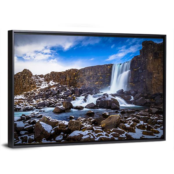The Oxararfoss Waterfall Canvas Wall Art-3 Horizontal-Gallery Wrap-25" x 16"-Tiaracle