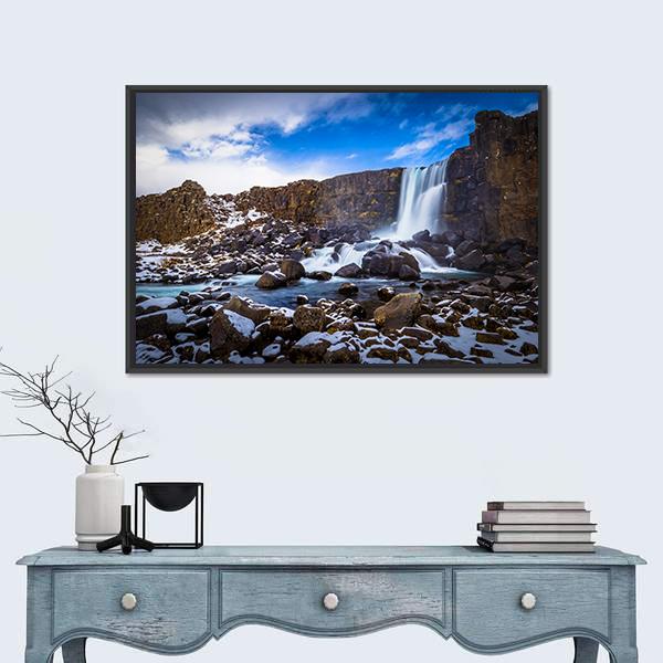 The Oxararfoss Waterfall Canvas Wall Art-3 Horizontal-Gallery Wrap-25" x 16"-Tiaracle