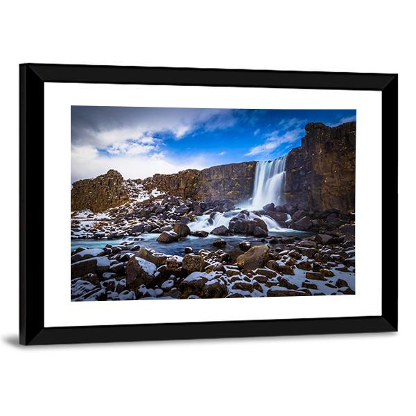 The Oxararfoss Waterfall Canvas Wall Art-5 Horizontal-Gallery Wrap-22" x 12"-Tiaracle