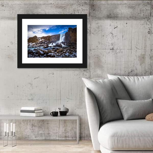 The Oxararfoss Waterfall Canvas Wall Art-3 Horizontal-Gallery Wrap-25" x 16"-Tiaracle