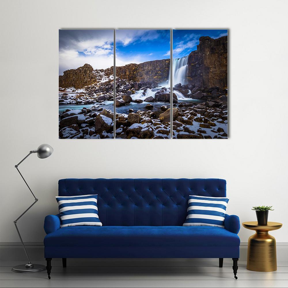 The Oxararfoss Waterfall Canvas Wall Art-3 Horizontal-Gallery Wrap-37" x 24"-Tiaracle