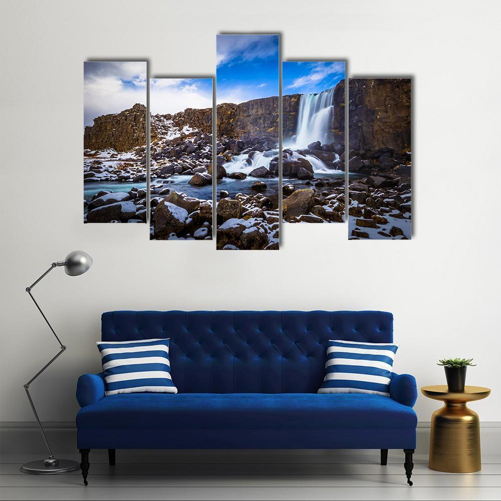 The Oxararfoss Waterfall Canvas Wall Art-5 Pop-Gallery Wrap-47" x 32"-Tiaracle