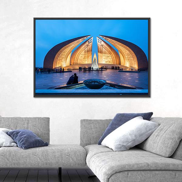 Pakistan Monument in Islamabad Canvas Wall Art in brown, gold and blue, framed canvas, product view on a white background