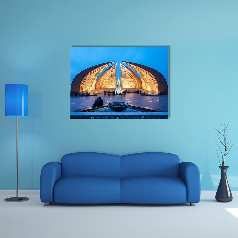 Pakistan Monument in Islamabad Canvas Wall Art in brown, gold and blue, single panel hung on a wall