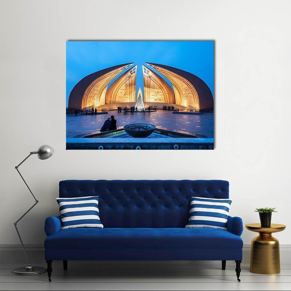 Pakistan Monument in Islamabad Canvas Wall Art in brown, gold and blue, single panel hung on a wall