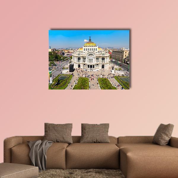 Palacio De Bellas Artes Aerial View Canvas Wall Art in white, beige and blue, single panel hung on a wall