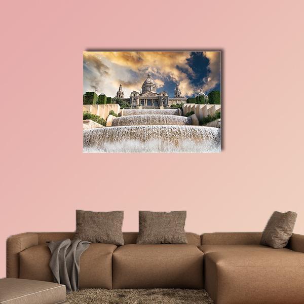 Palau Nacional Fountains at Golden Hour Canvas Wall Art in beige, gold and blue, single panel hung on a wall