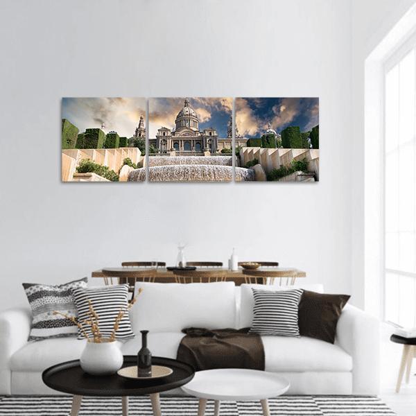 Palau Nacional at Dusk Panoramic Canvas Wall Art in gray, beige and blue, hung on a wall