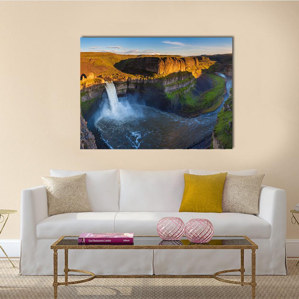 Palouse Falls Waterfall at Golden Hour Canvas Wall Art in brown, gold and blue, single panel hung on a wall