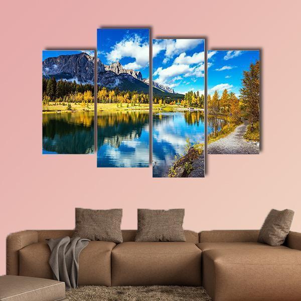 Yellowing Aspens Surround The Lake Canvas Wall Art-4 Pop-Gallery Wrap-50" x 32"-Tiaracle