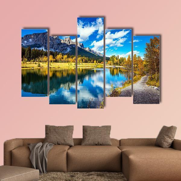 Yellowing Aspens Surround The Lake Canvas Wall Art-5 Pop-Gallery Wrap-47" x 32"-Tiaracle